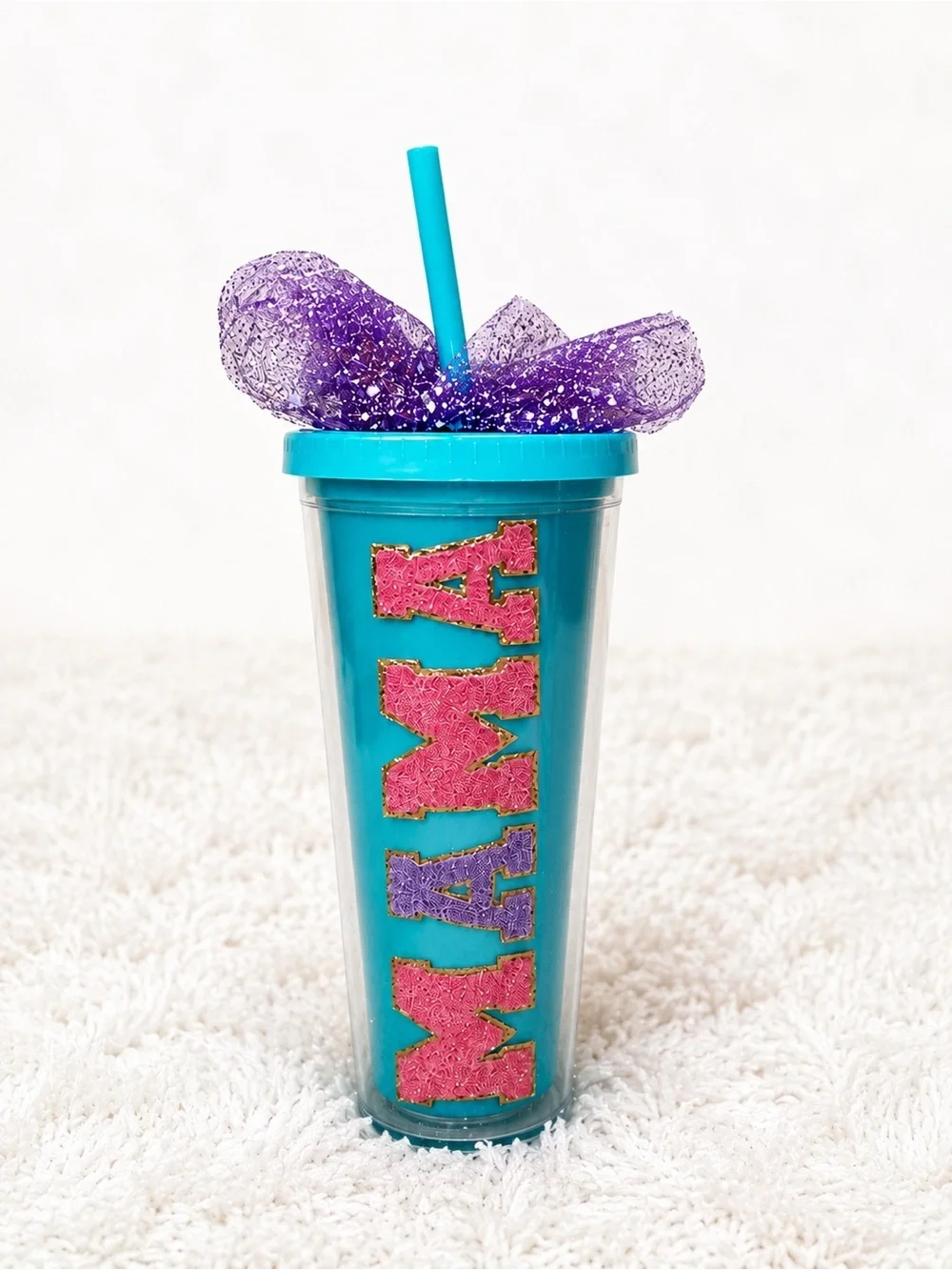 Teal Mama Glitter Tumbler with Purple Bow and Straw